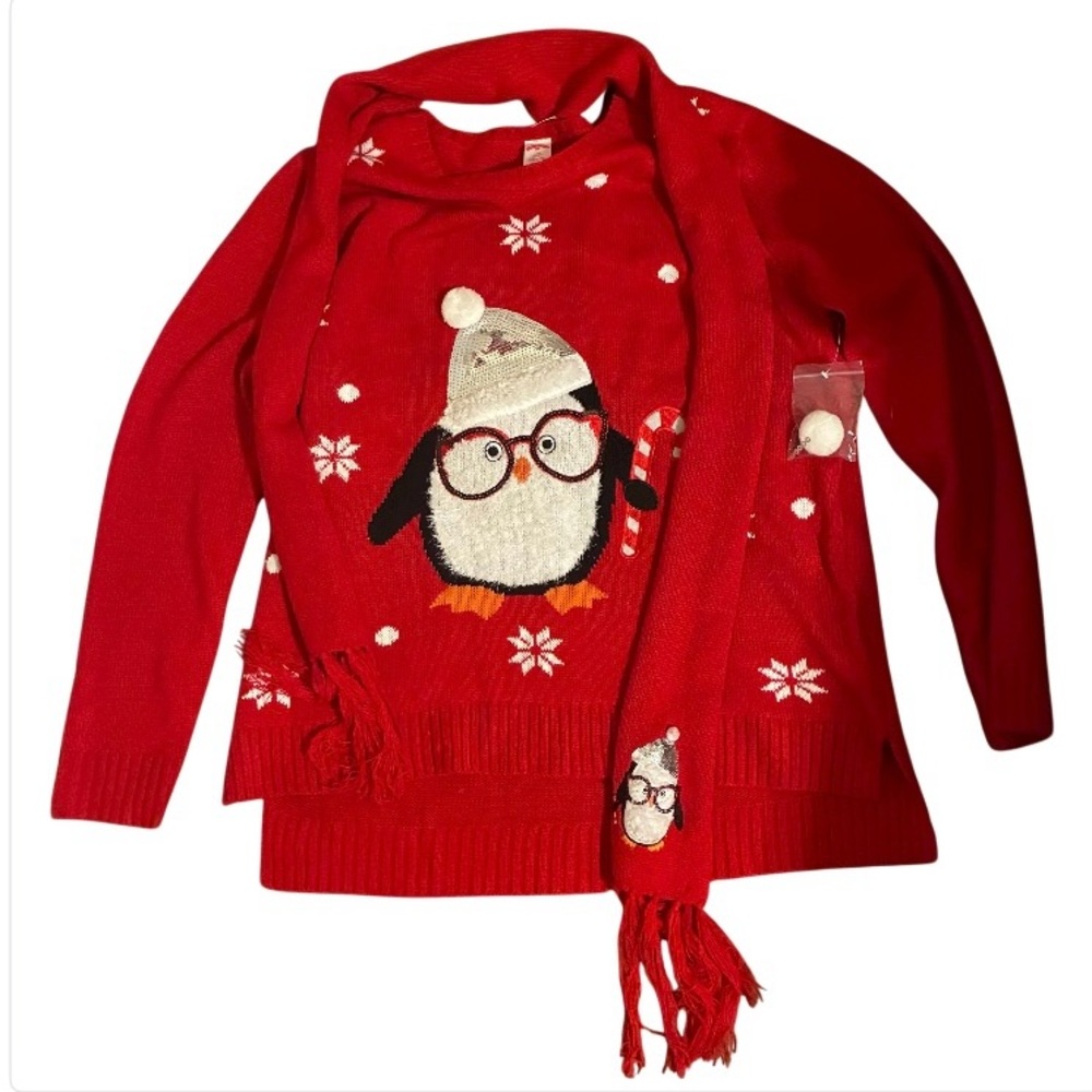 Holiday Time Penguin Sweater Sz L Matching Scarf Red Snowflake Christmas  NWOT - Picture 3 of 10